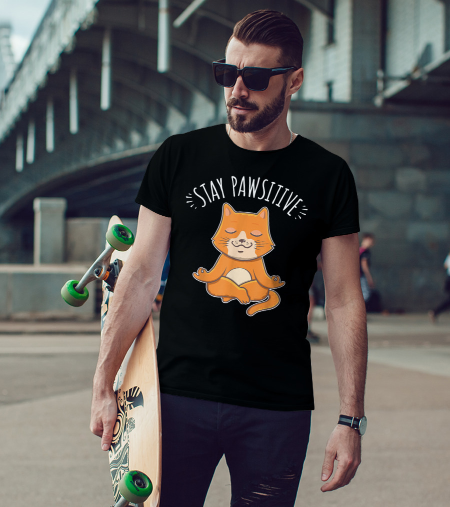 Stay Pawsitive Funny Cat Yoga Meditation T-Shirt