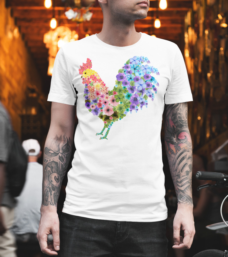 CHICKEN Flower Patterned Rooster with Vibrant Floral Colors T-Shirt