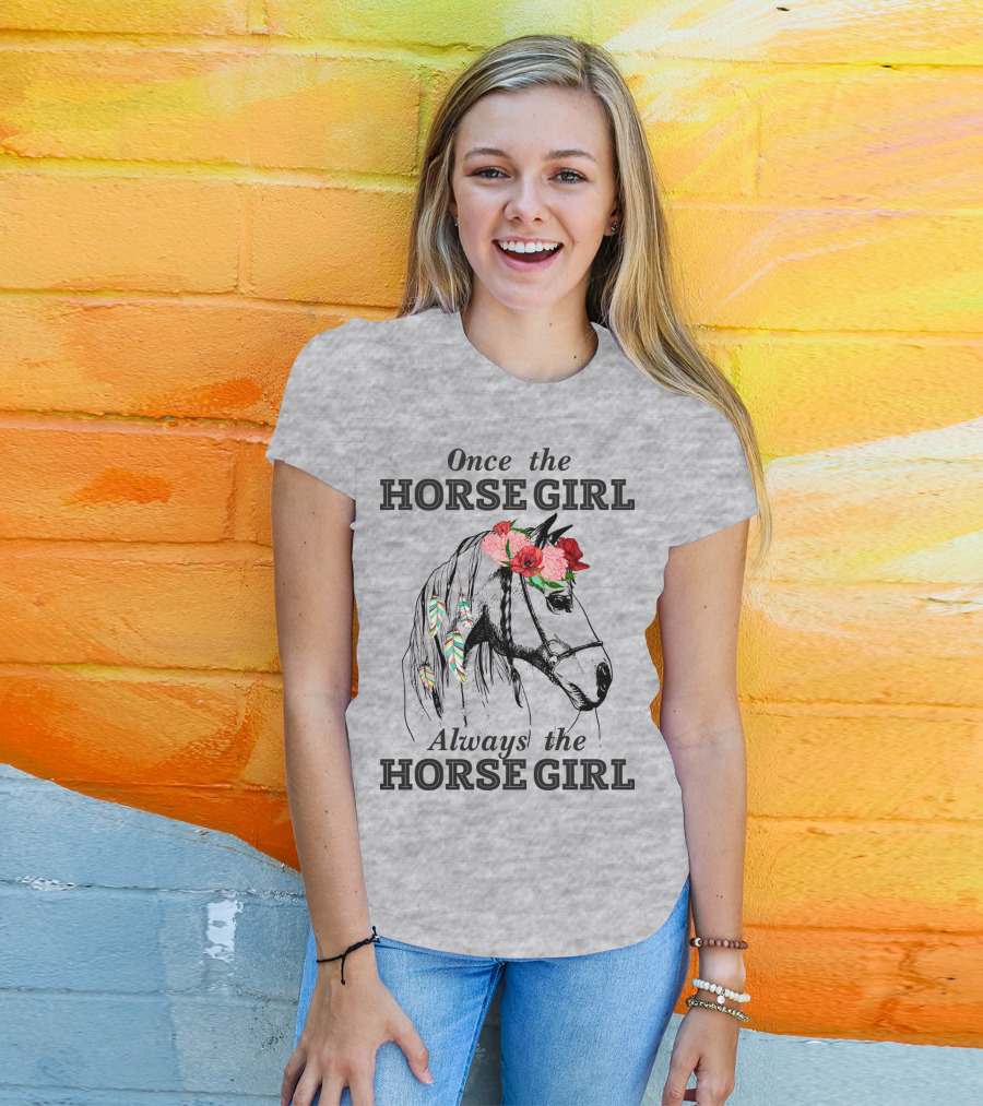 Once The HORSE GIRL Always The HORSE GIRL Floral Feather Adorned Horse T-Shirt
