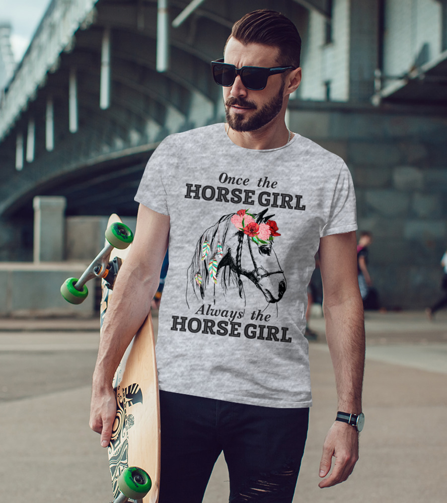 Once The HORSE GIRL Always The HORSE GIRL Floral Feather Adorned Horse T-Shirt