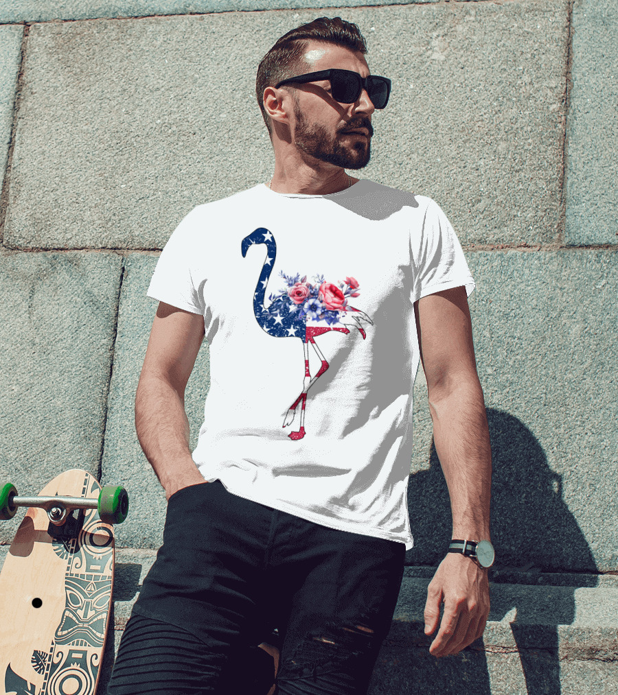 Flamingo American Flag Stars And Stripes With Floral T-Shirt