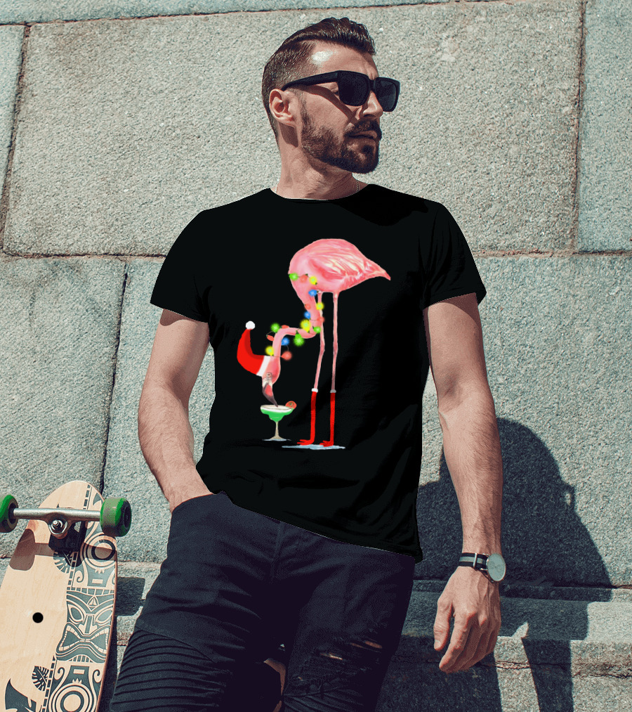 Flamingo Christmas Cocktail Santa Hat And Lights T-Shirt