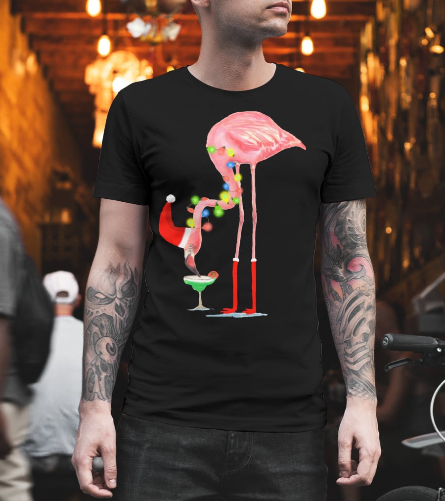 Flamingo Christmas Cocktail Santa Hat And Lights T-Shirt