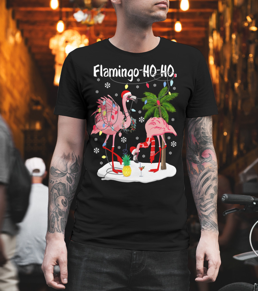 Flamingo HO-HO Christmas Lights And Snowflakes Holiday Scene T-Shirt