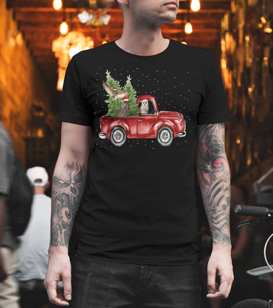 Owl Christmas Red Truck With Santa Hats And Tree T-Shirt