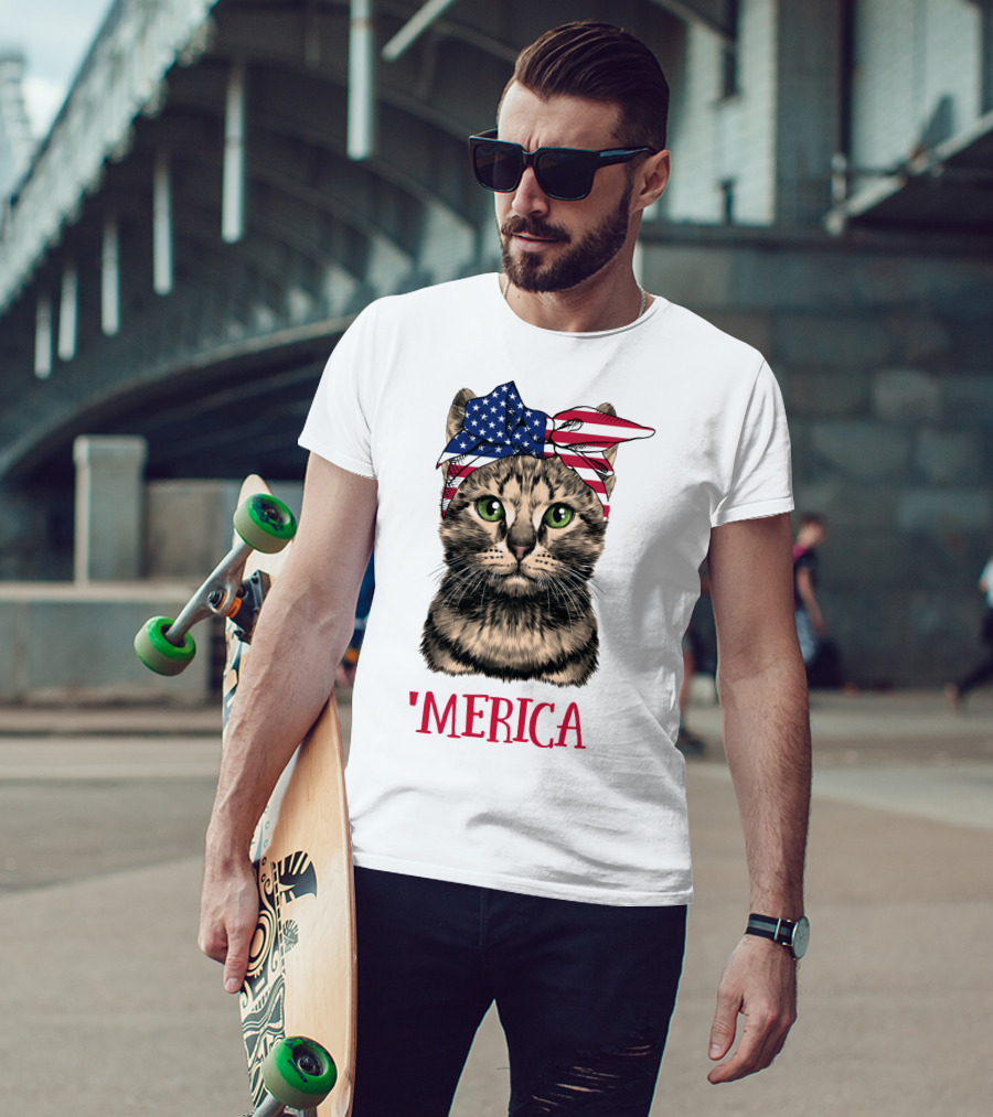 Cat With American Flag Bandana 'Merica T-Shirt