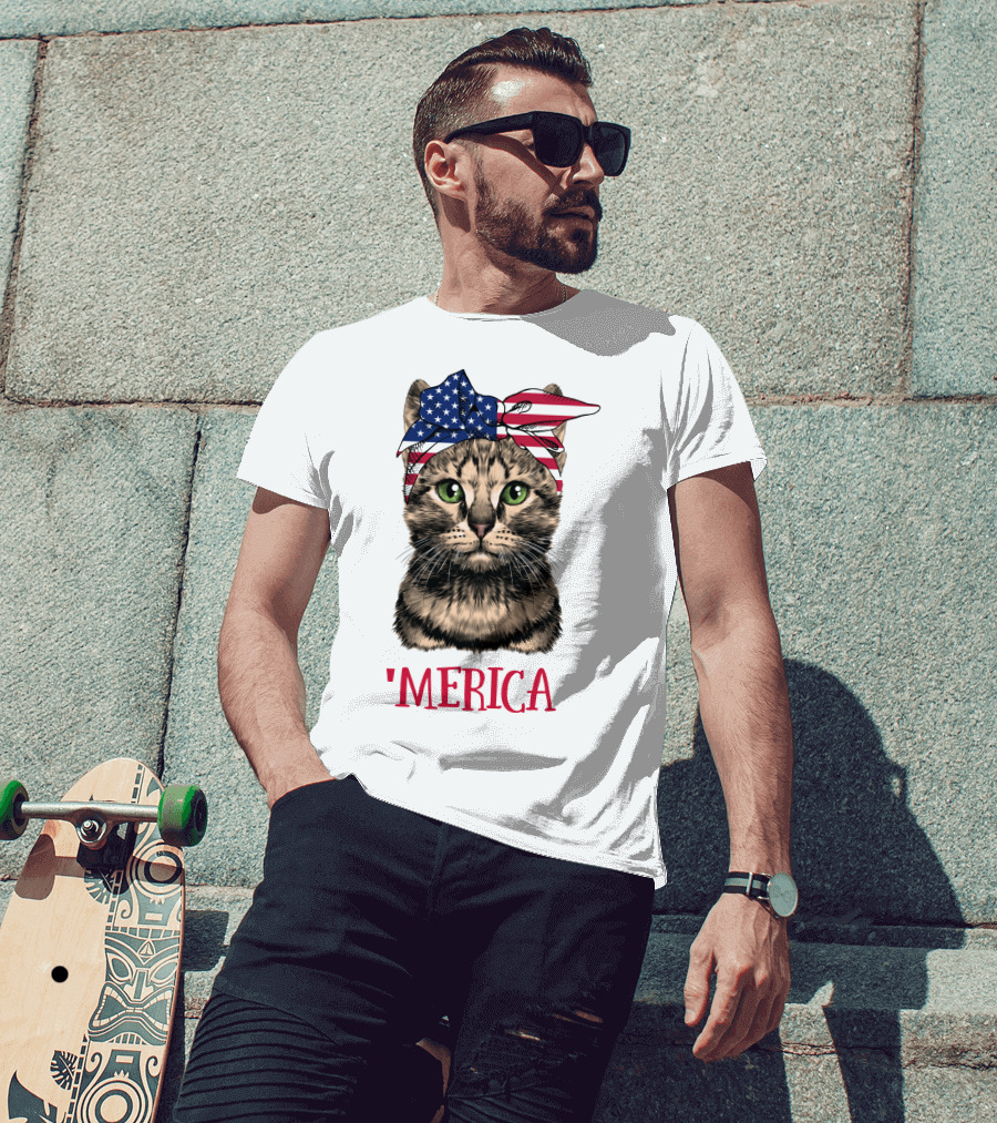 Cat With American Flag Bandana 'Merica T-Shirt
