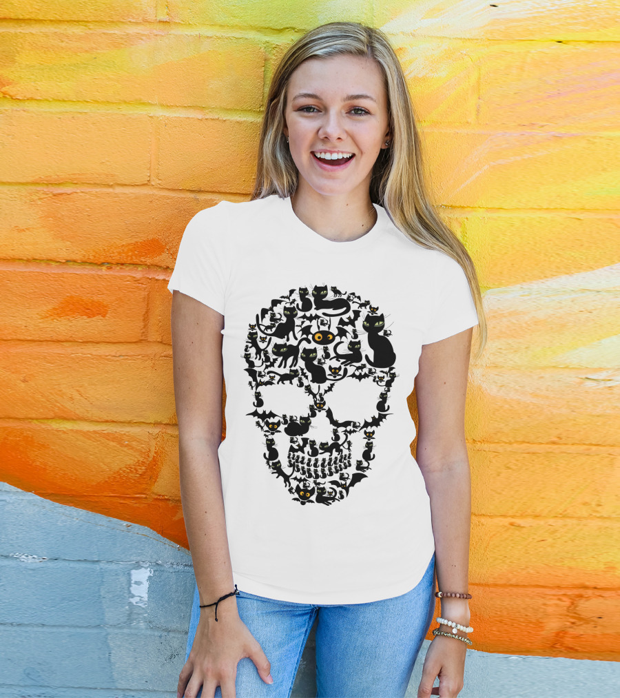 Cat Skull Bat Eyes Halloween Cats T-Shirt