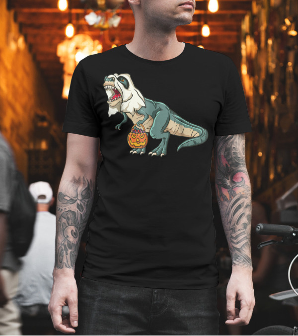 Trex Dinosaur in Ghost Costume with Halloween Pumpkin Bucket T-Shirt Trex Dinosaur in Ghost Costume with Halloween Pumpkin Bucket T-Shirt