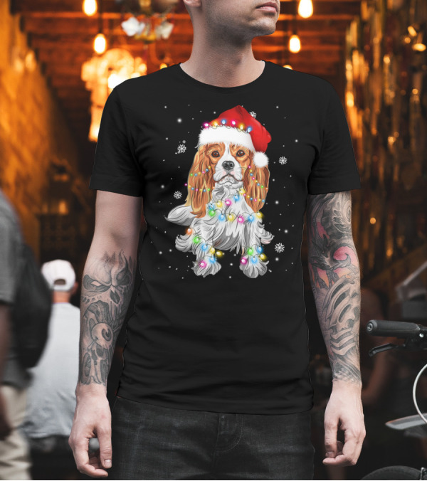Cavalier King Charles Spaniel Dog in Santa Hat with Christmas Lights T-Shirt Cavalier King Charles Spaniel Dog in Santa Hat with Christmas Lights T-Shirt