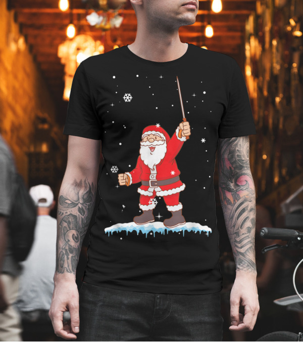 Funny Santa Claus with Sword in Snowflakes T-Shirt Funny Santa Claus with Sword in Snowflakes T-Shirt