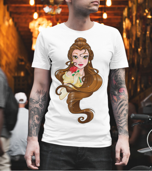 Disney Belle with Red Rose and Flowing Brown Hair T-Shirt Disney Belle with Red Rose and Flowing Brown Hair T-Shirt