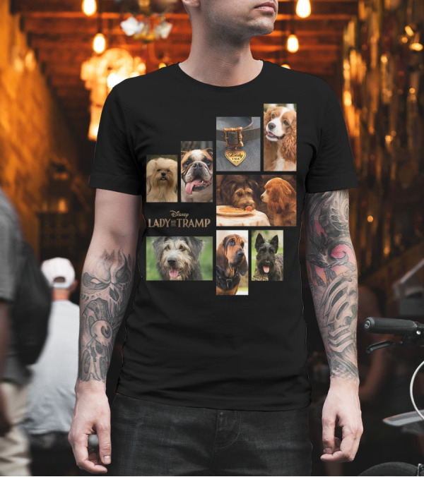 Disney Lady And The Tramp Live Action Dogs Collage with Lady 1954 Tag T-Shirt Disney Lady And The Tramp Live Action Dogs Collage with Lady 1954 Tag T-Shirt