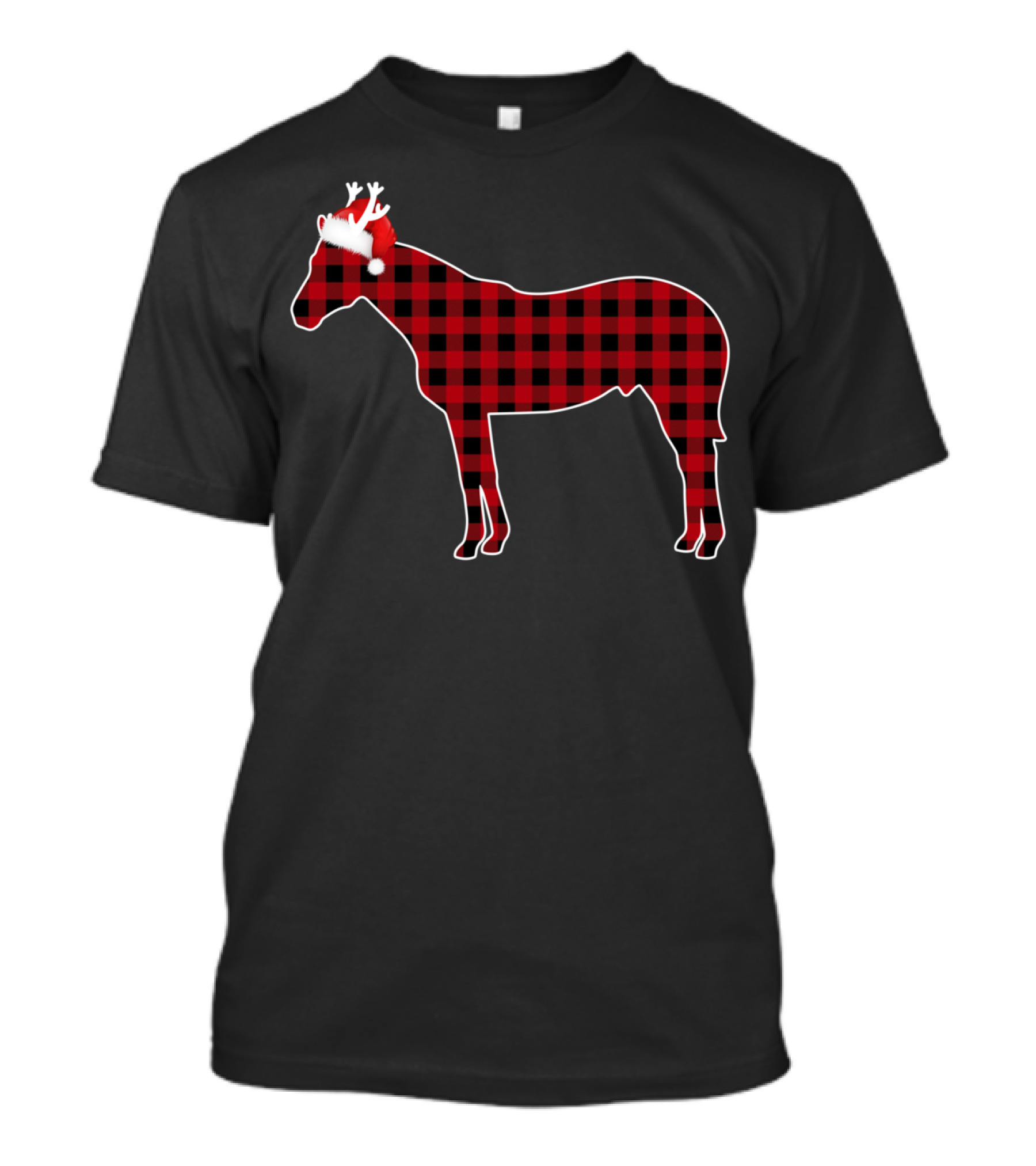 Red Buffalo Plaid Horse With Santa Hat And Antlers T-Shirt