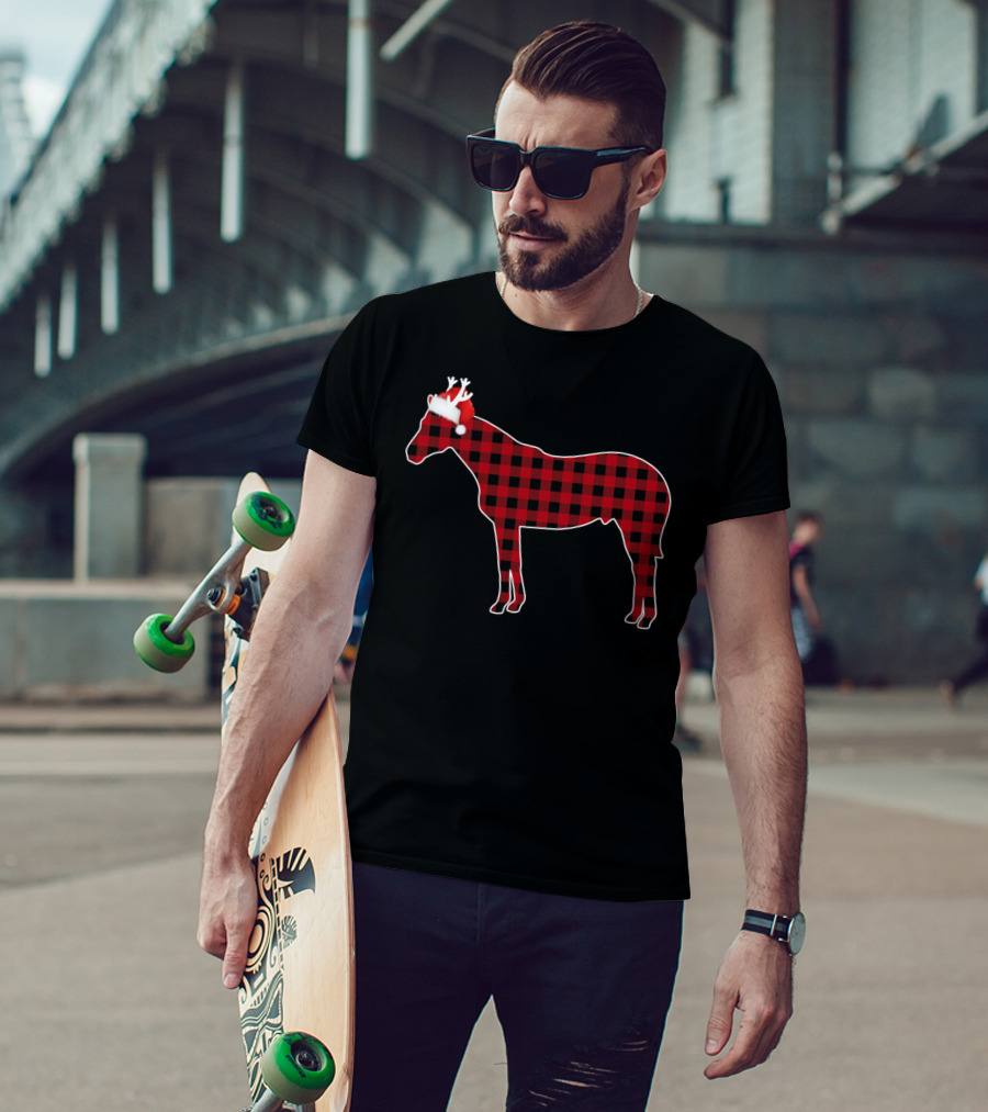 Red Buffalo Plaid Horse With Santa Hat And Antlers T-Shirt