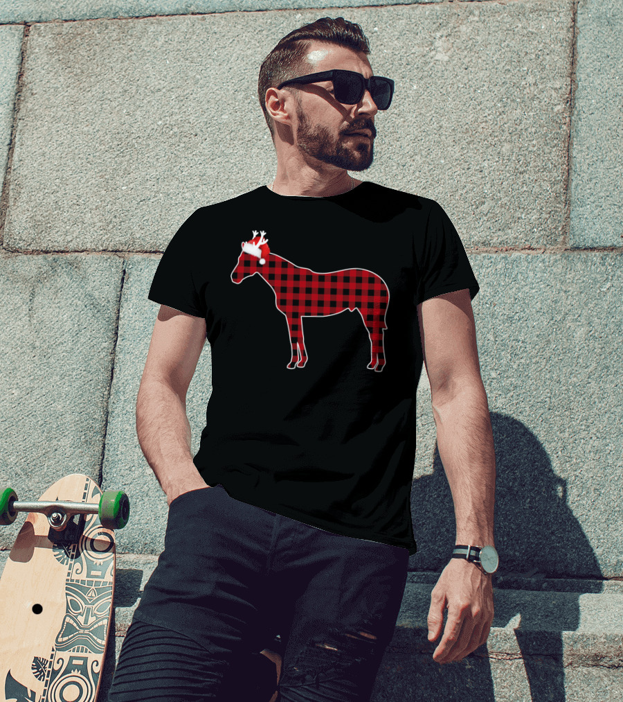 Red Buffalo Plaid Horse With Santa Hat And Antlers T-Shirt