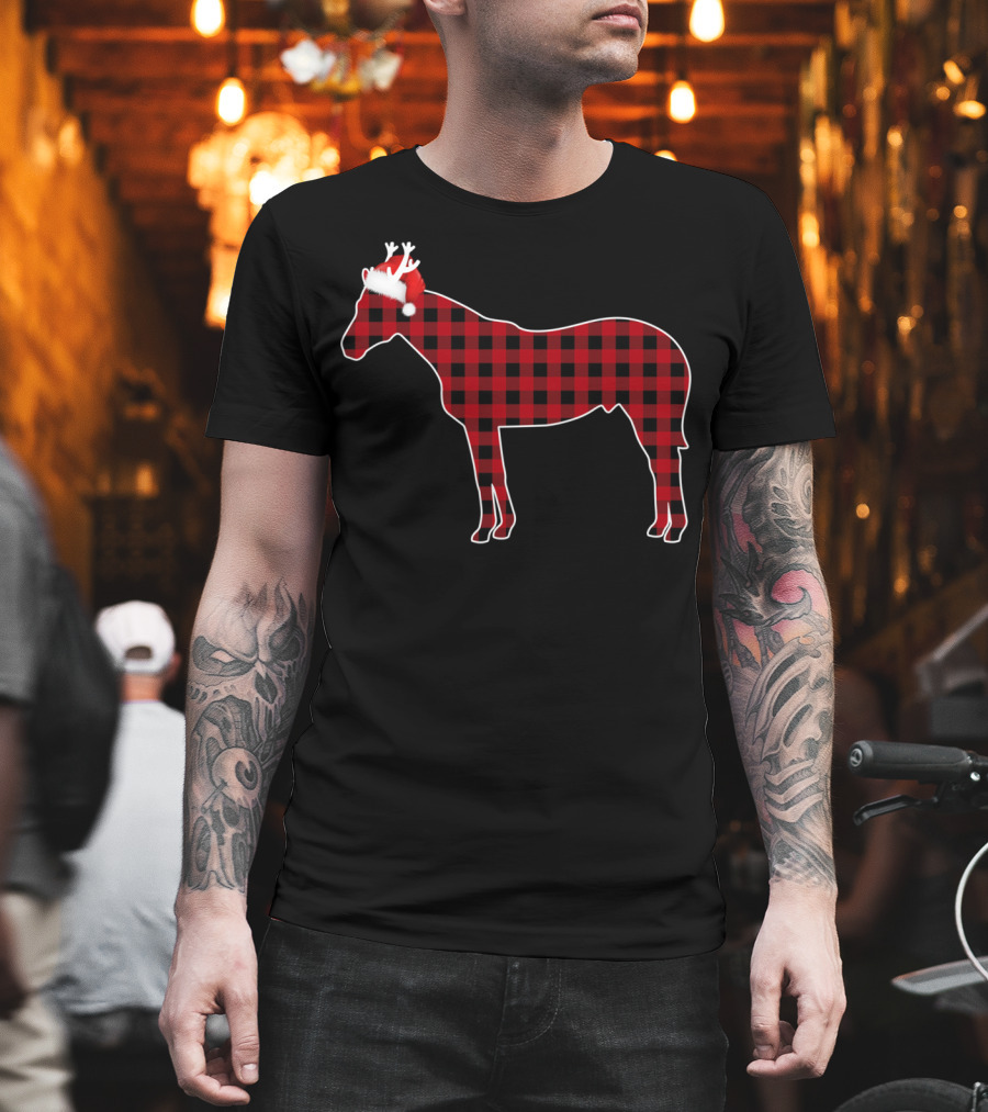 Red Buffalo Plaid Horse With Santa Hat And Antlers T-Shirt
