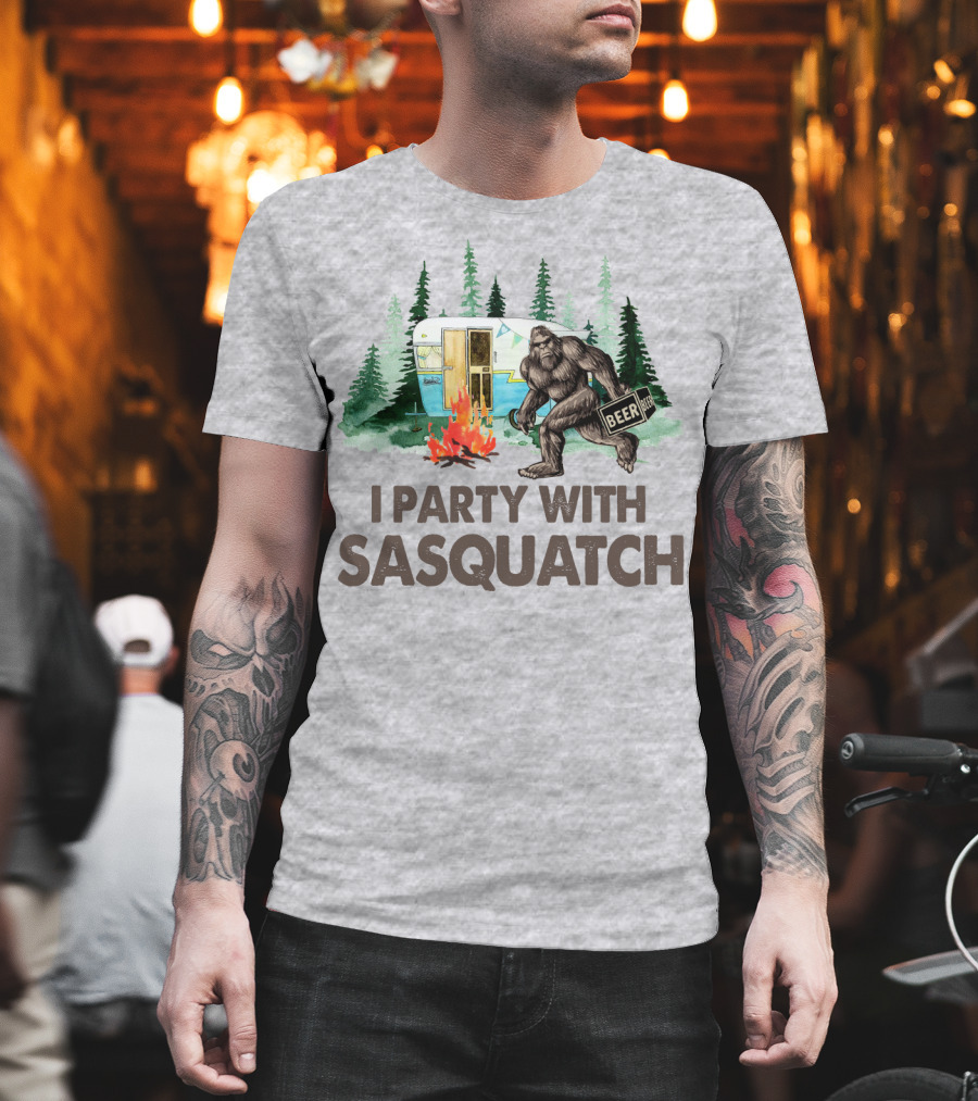 Beer I Party With Sasquatch Camper Fire Forest Scene T-Shirt