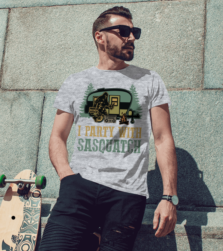 I Party With Sasquatch Beer Campfire Boombox Trailer Adventure T-Shirt