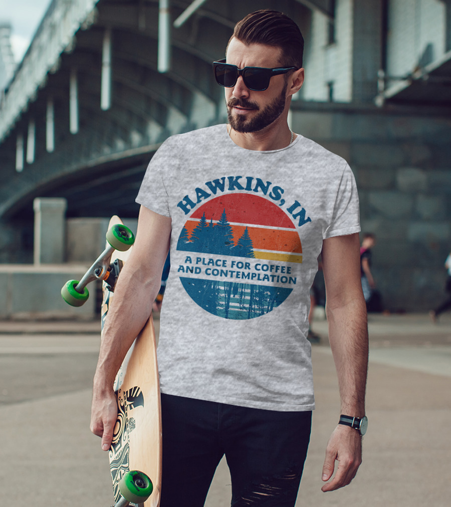 HAWKINS, IN A Place For Coffee And Contemplation Vintage Forest Sunset Circle T-Shirt