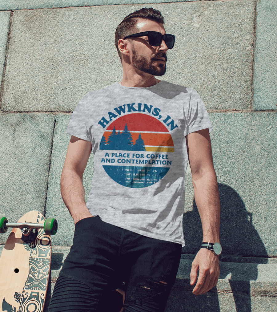 HAWKINS, IN A Place For Coffee And Contemplation Vintage Forest Sunset Circle T-Shirt