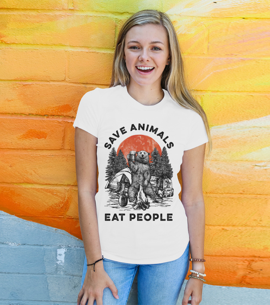 Save Animals Eat People Camping Bear Campfire Scene T-Shirt