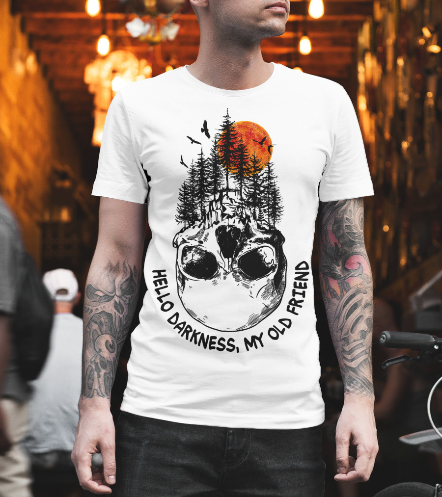 Hello Darkness My Old Friend Skull Forest Red Moon Birds Camping T-Shirt