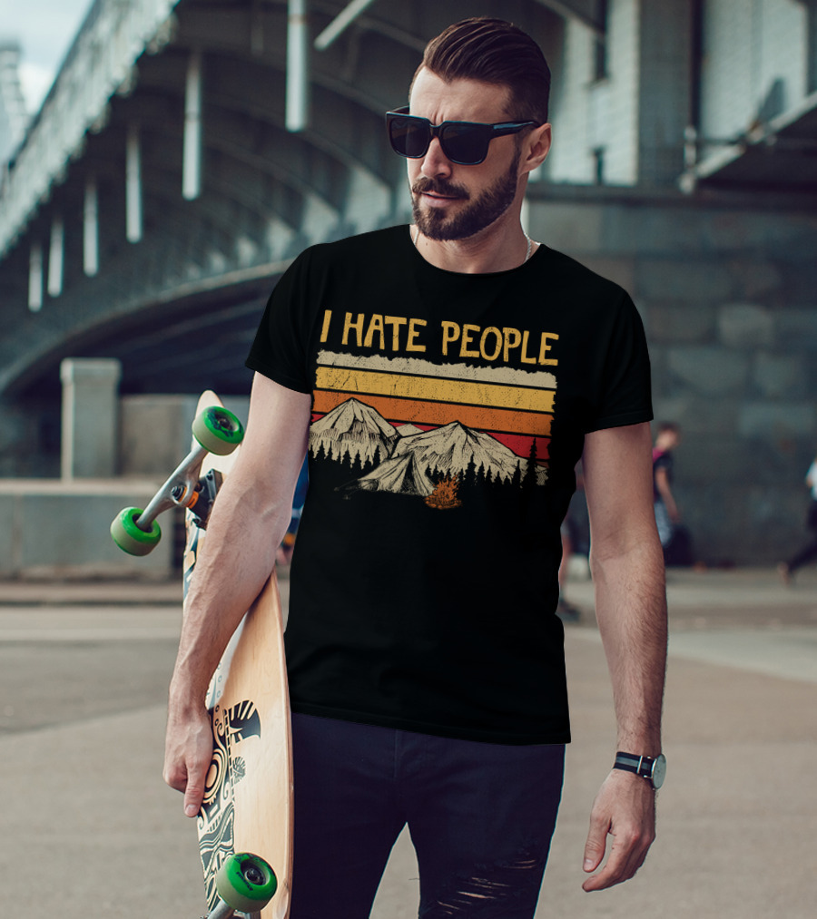 I Hate People Mountains Tent Campfire Vintage Retro Style Camping Hate T-Shirt