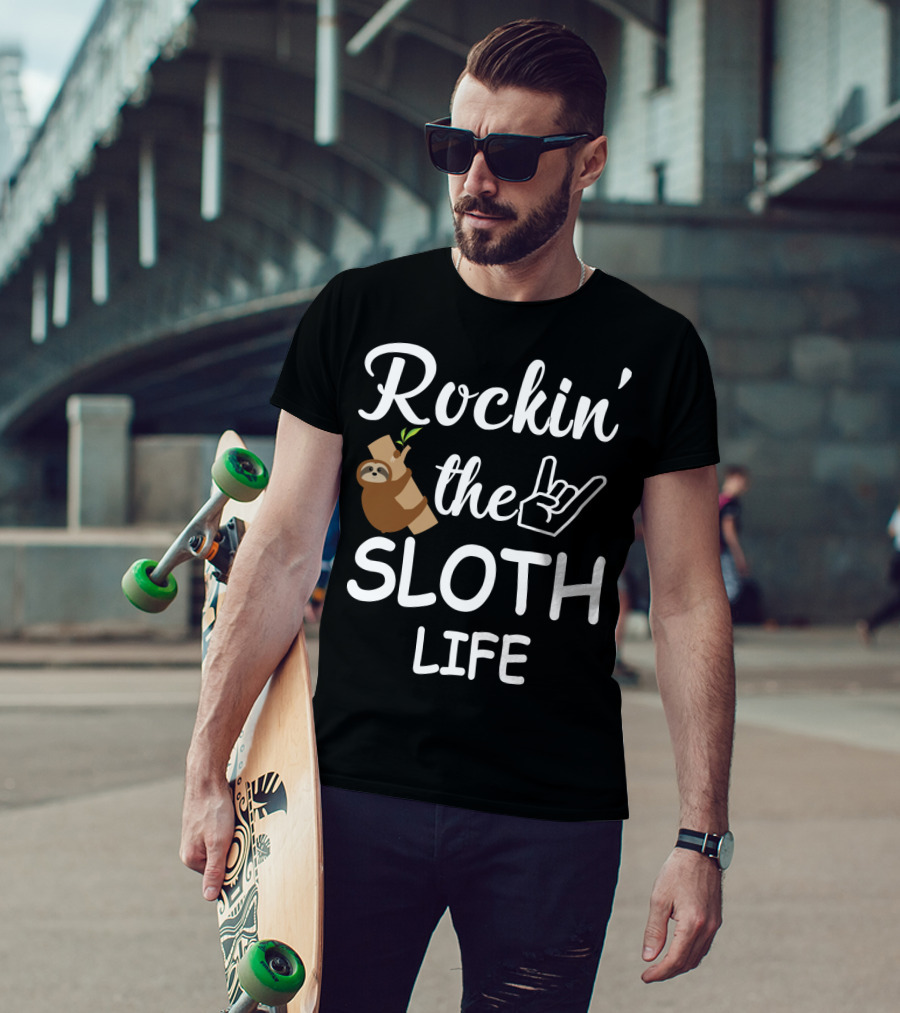 Rockin' The Sloth Life With Rock Hand Gesture And Cute Sloth Hanging On Branch T-Shirt