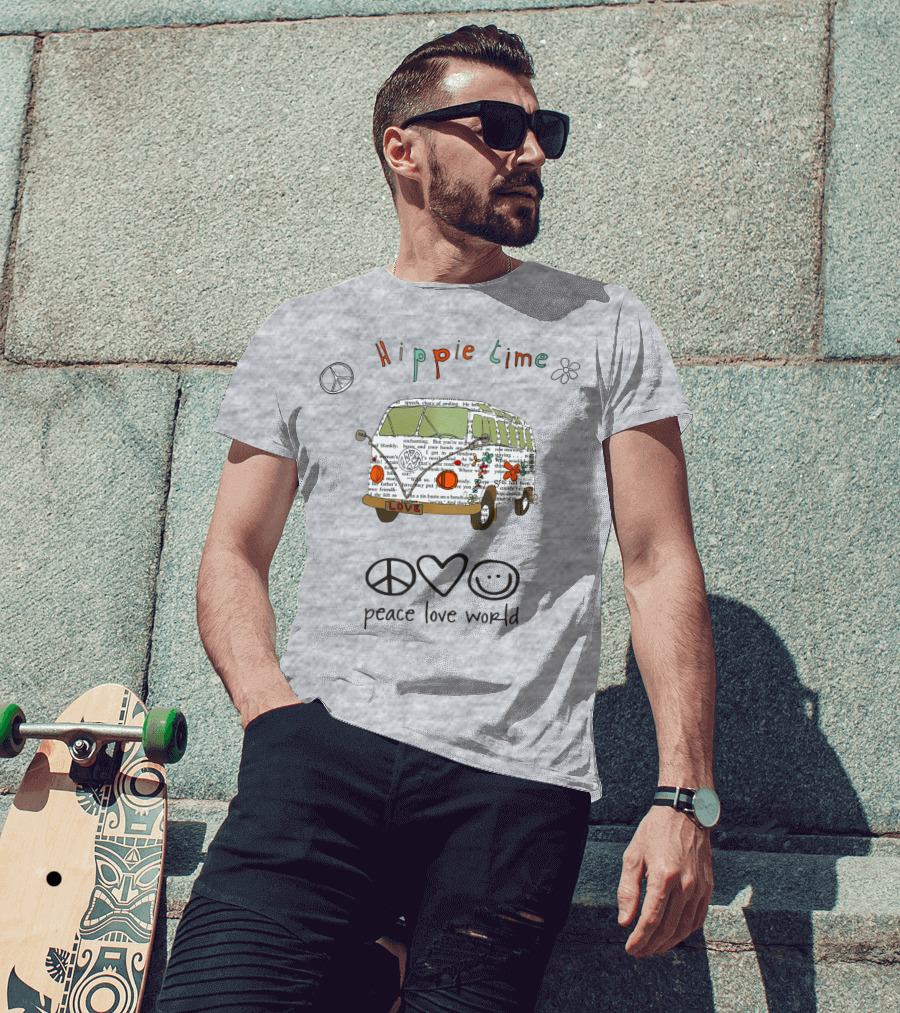 Hippie Time Peace Love World Retro Van Design With Symbols T-Shirt