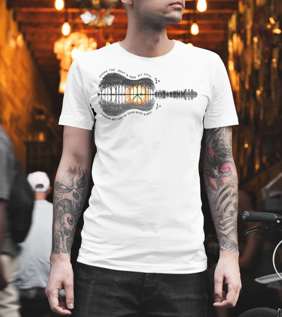 Gimme The Beat And Free My Soul I Wanna Get Lost In Your Rock And Roll Guitar Skyline Sunset T-Shirt