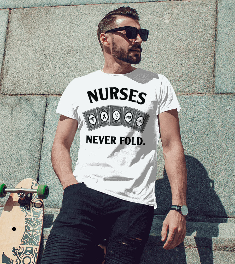Nurses Never Fold Playing Cards Stethoscope Heartbeat Ribbon Medical Icons T-Shirt