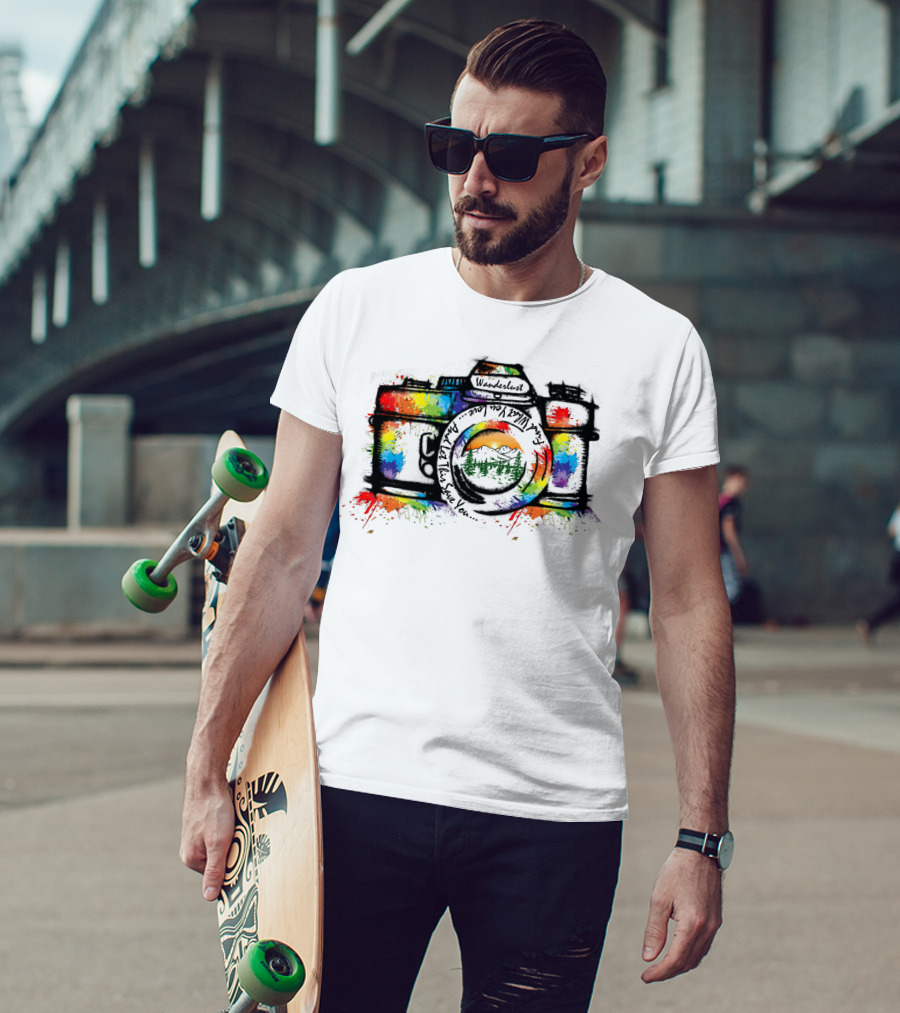 Wanderlust Camera Color Adventure Awaits Mountains T-Shirt