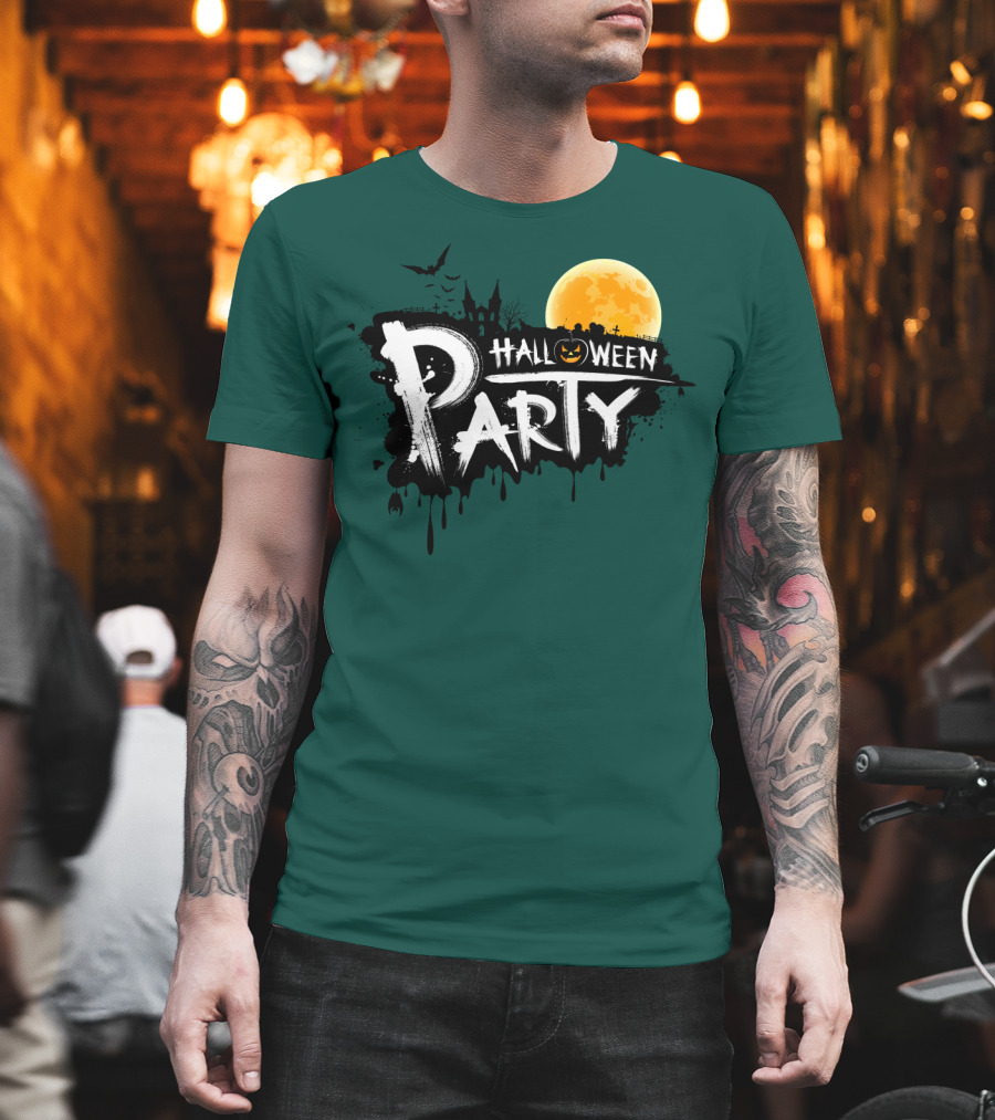 Halloween Party Moonlit Haunted House and Bats T-Shirt