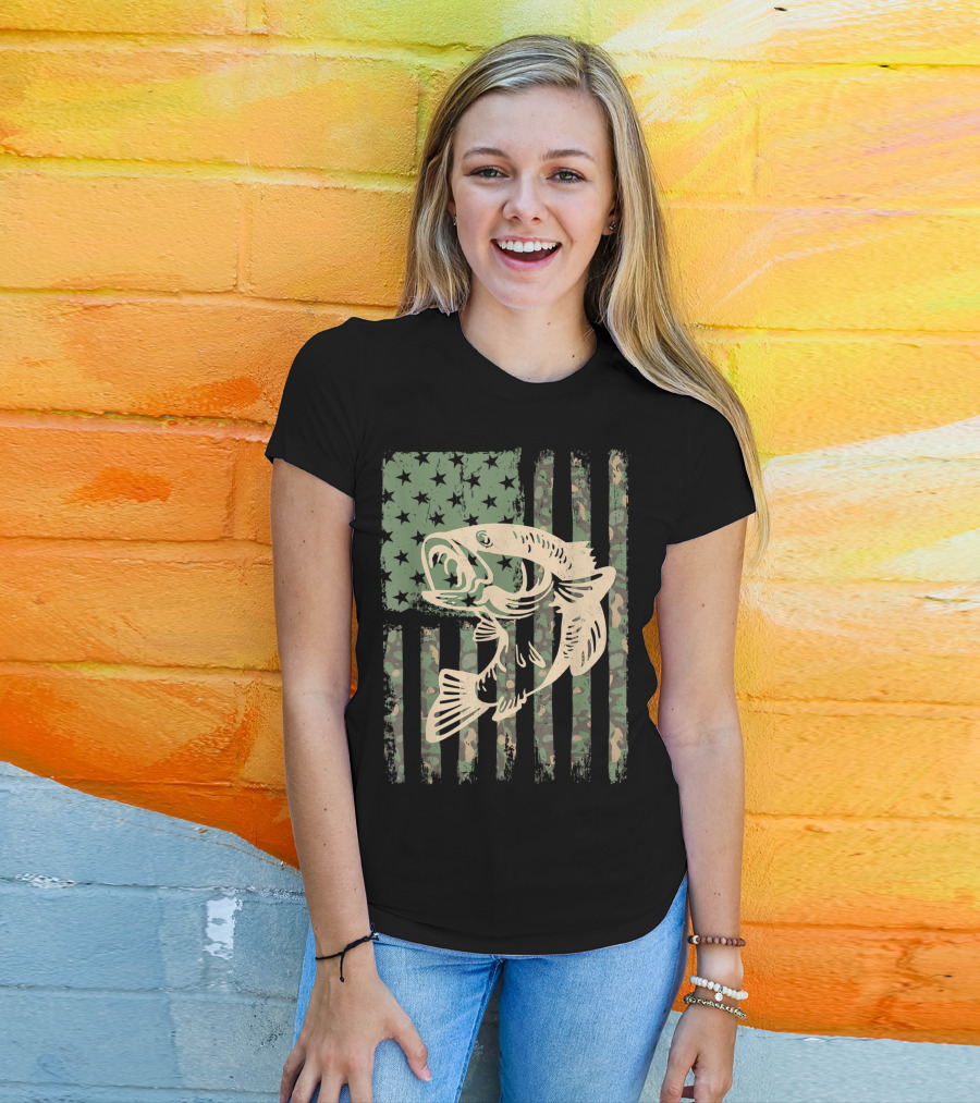 Camouflage USA Flag Big Mouth Bass Fishing T-Shirt