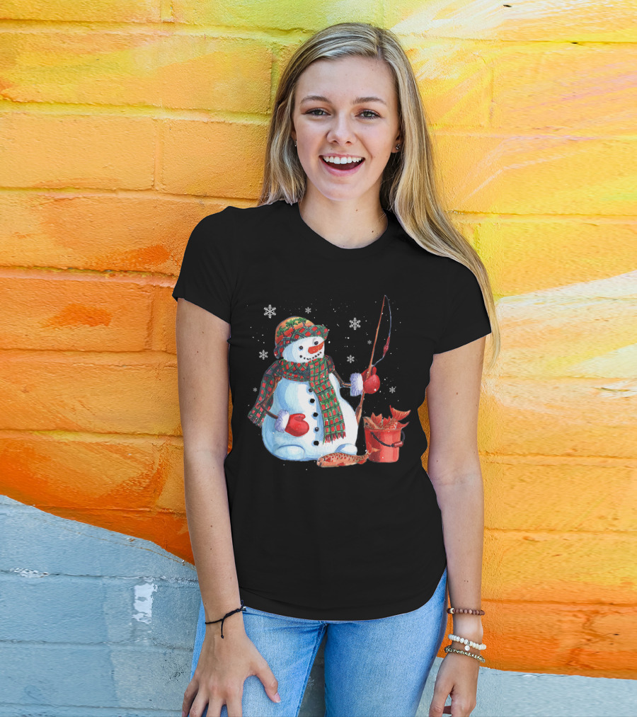 Merry Christmas Fishing Snowman With Fish And Snowflakes For Fishing Lovers T-Shirt