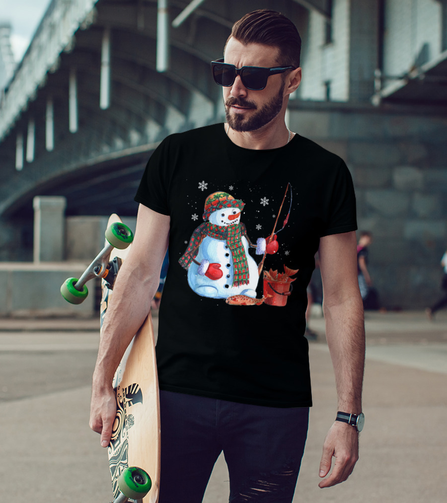 Merry Christmas Fishing Snowman With Fish And Snowflakes For Fishing Lovers T-Shirt