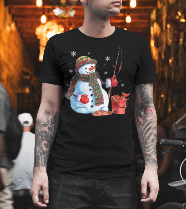 Merry Christmas Fishing Snowman with Fish and Snowflakes for Fishing Lovers T-Shirt Merry Christmas Fishing Snowman with Fish and Snowflakes for Fishing Lovers T-Shirt