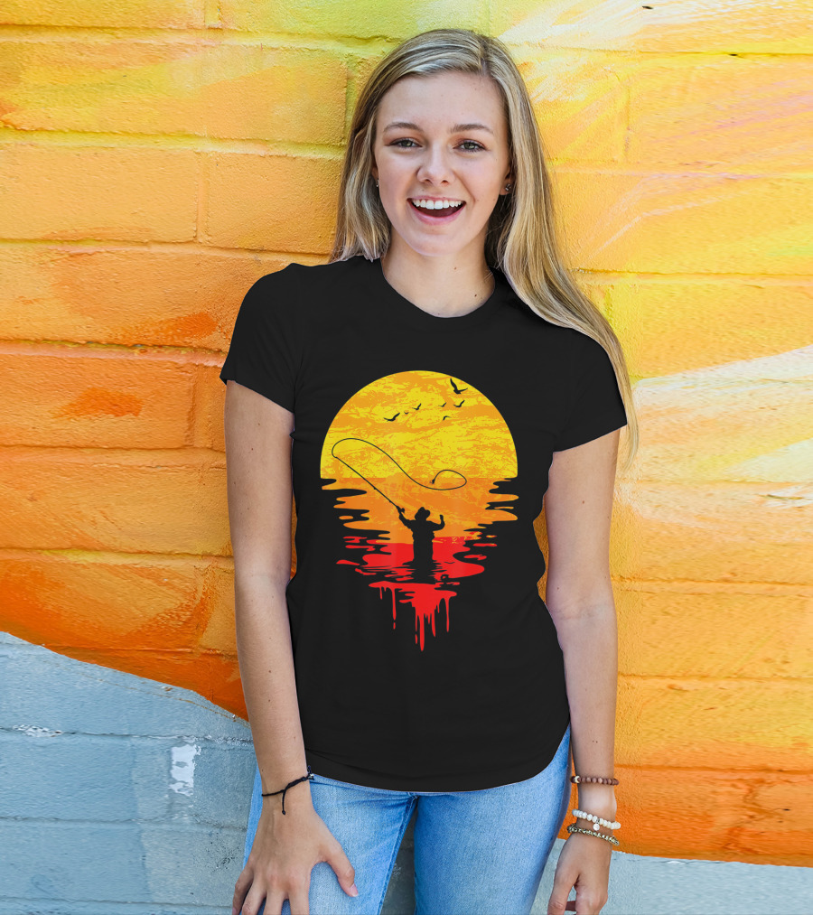Fly Fishing At Sunset Vintage Style Silhouette With Birds T-Shirt