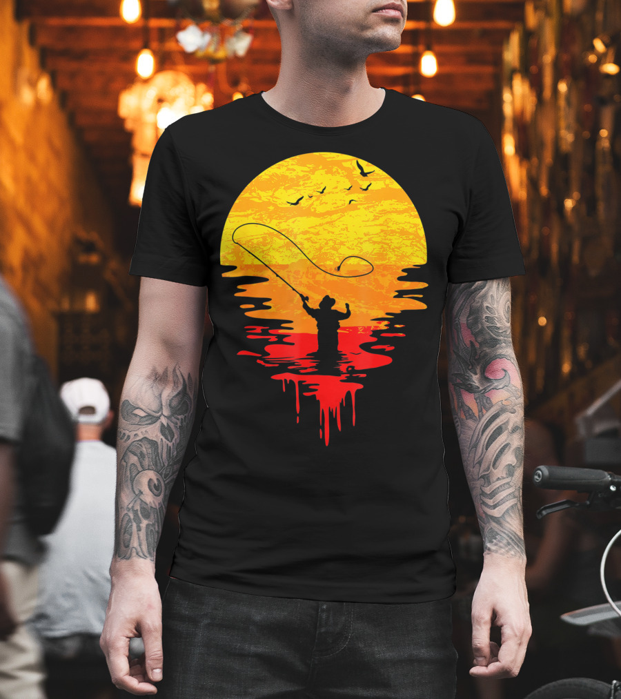 Fly Fishing at Sunset Vintage Style Silhouette with Birds T-Shirt