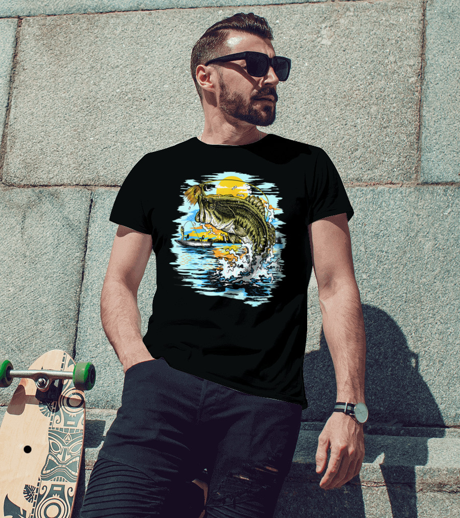 Large Mouth Bass Catching Fly Fishing Adventure In Scenic Lake Sunrise T-Shirt