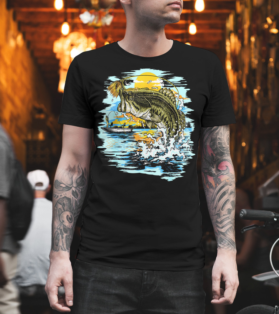 Large Mouth Bass Catching Fly Fishing Adventure in Scenic Lake Sunrise T-Shirt