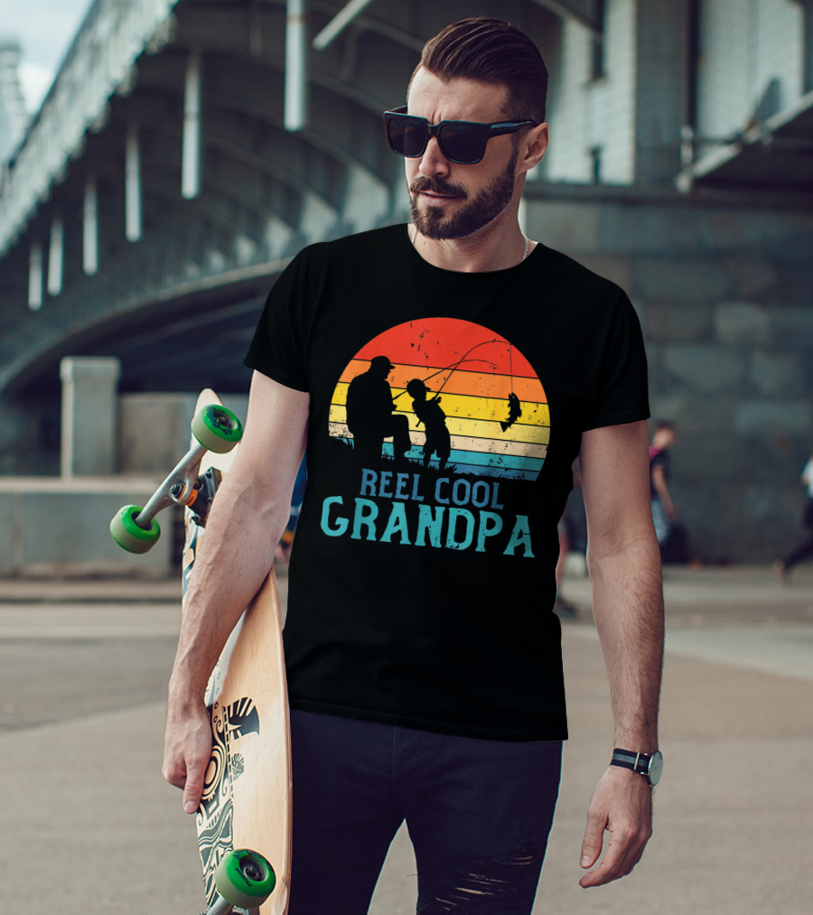 Reel Cool Grandpa Fishing Sunset T-Shirt