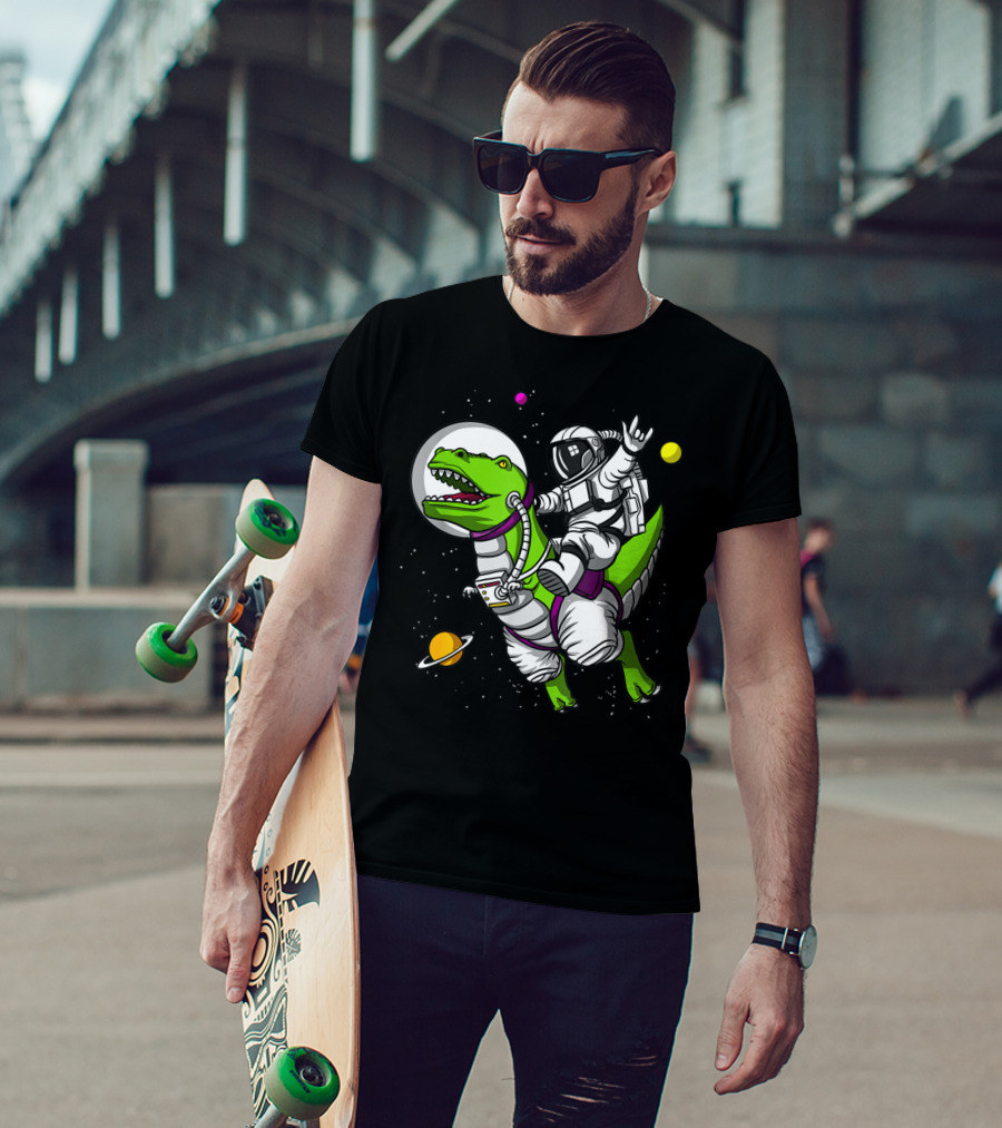 Astronaut Riding TRex Dinosaur In Outer Space With Planets T-Shirt