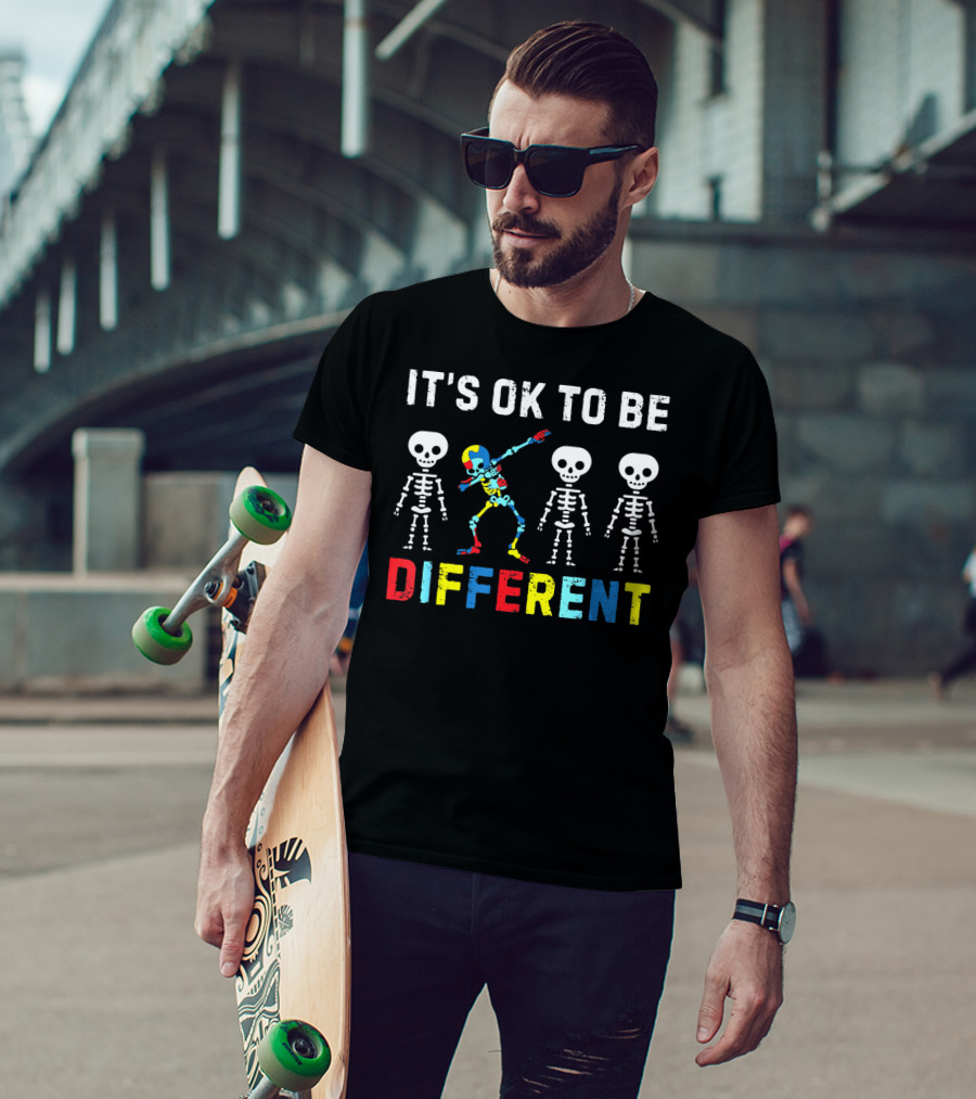 IT'S OK TO BE DIFFERENT Autism Awareness Day Skeleton Dabbing T-Shirt