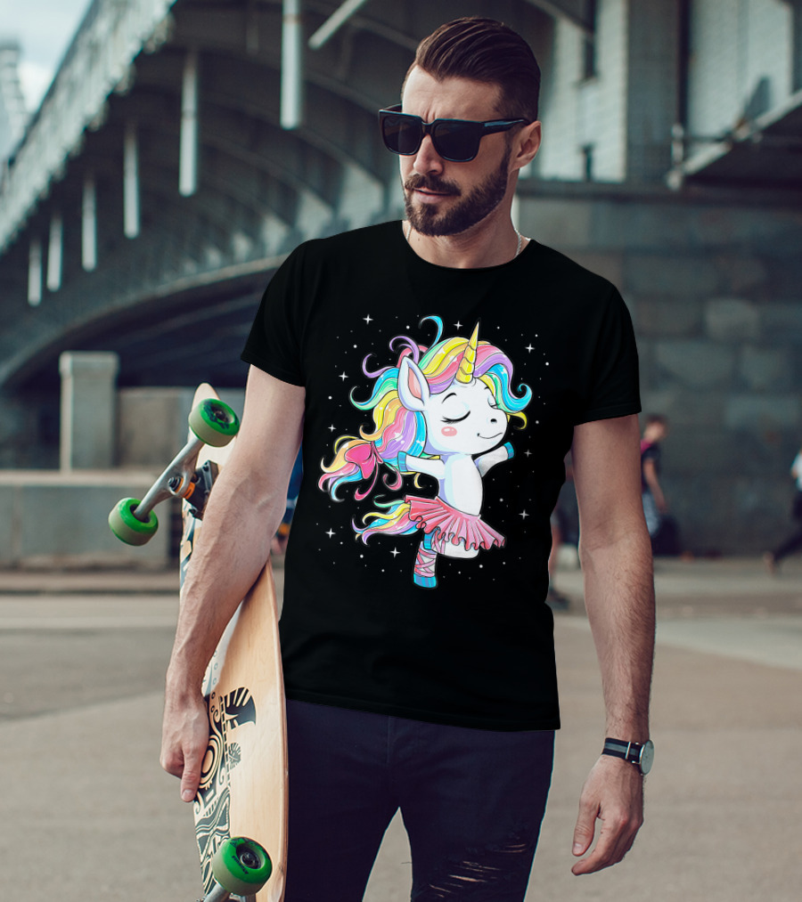 Ballet Dancer Unicorn Kids Girls Rainbow Ballerina Twirling Among Stars T-Shirt