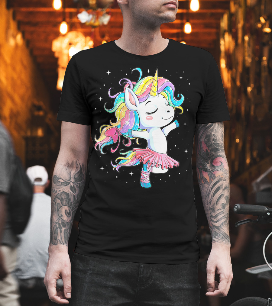 Ballet Dancer Unicorn Kids Girls Rainbow Ballerina Twirling Among Stars T-Shirt