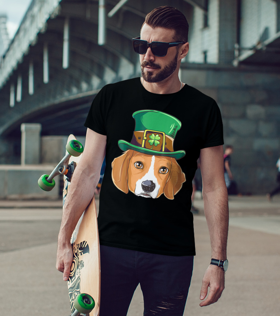 Beagle Wearing Leprechaun Hat With Shamrock T-Shirt