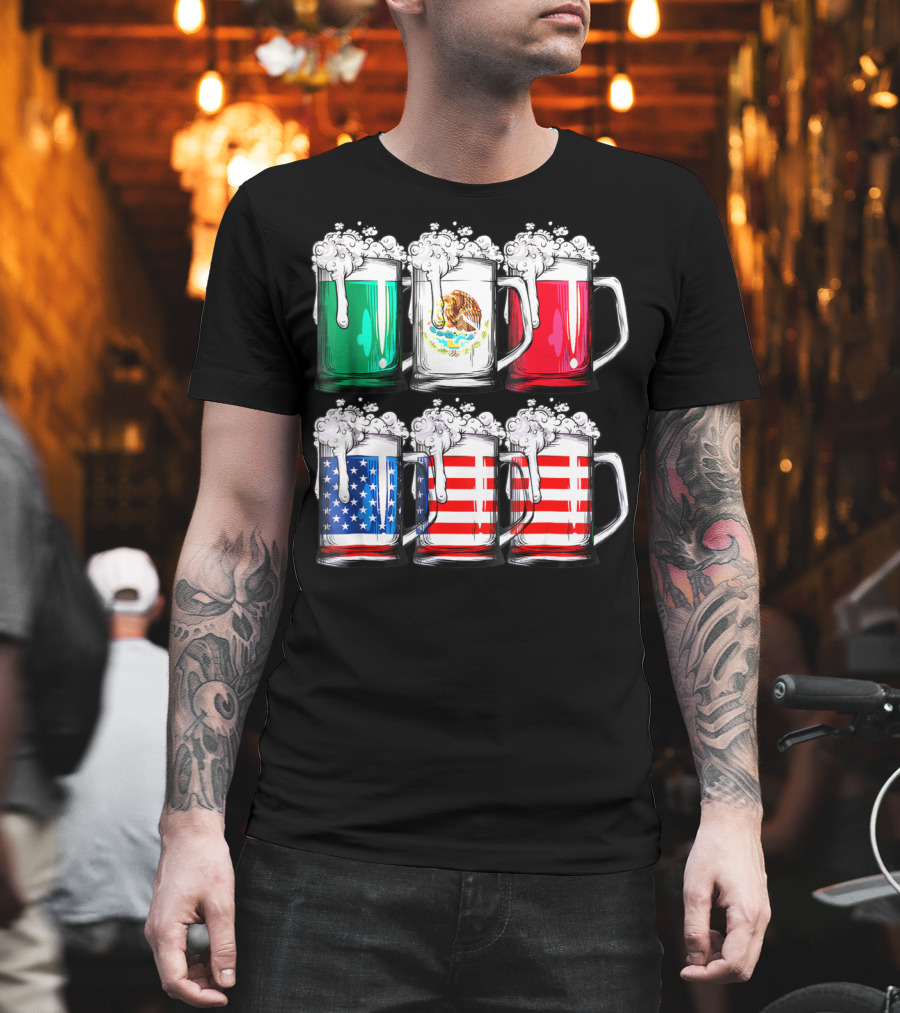 Beer Mugs Mexican American Flags Cinco de Mayo T-Shirt