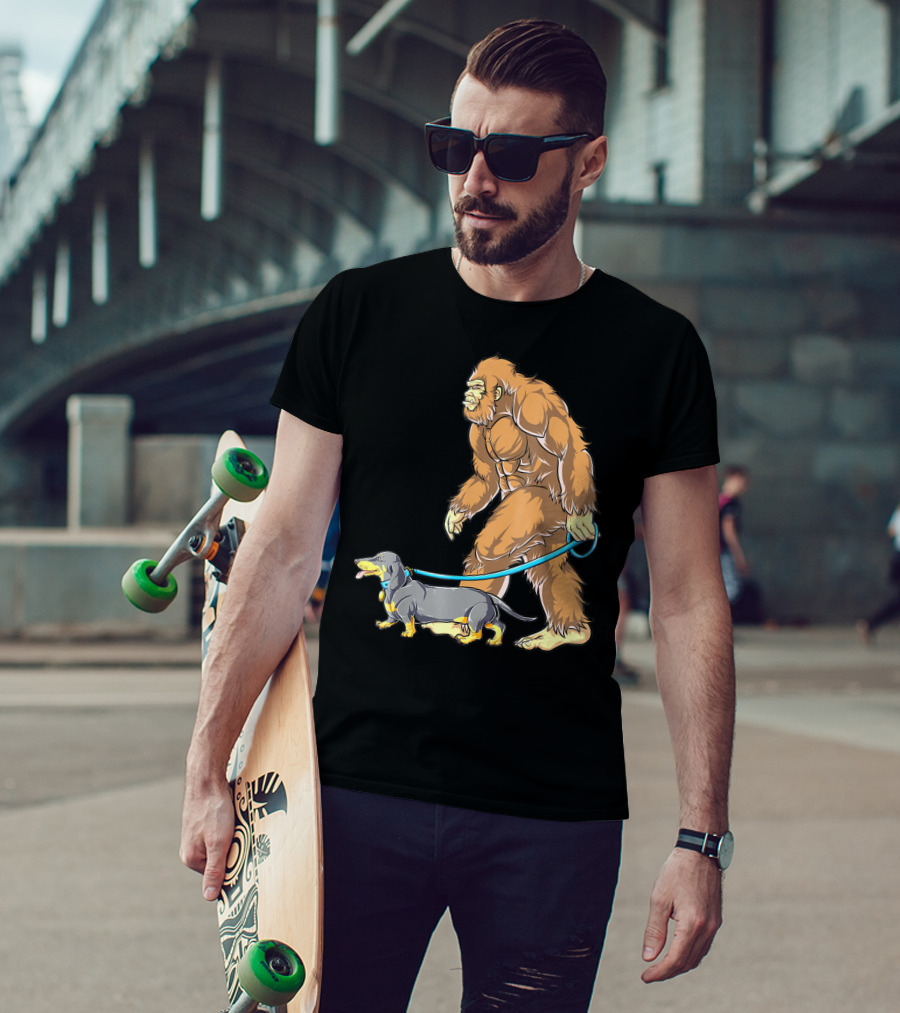 Bigfoot Sasquatch Walking Dachshund Dog T-Shirt